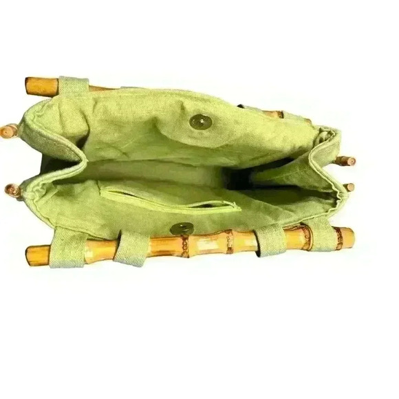 Vintage Bamboo 54 Green Fabric Handbag Magnetic‎ Closure Summer Beach Vacation - Picture 7 of 11